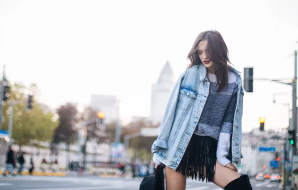 Girl, skirt, jacket, denim