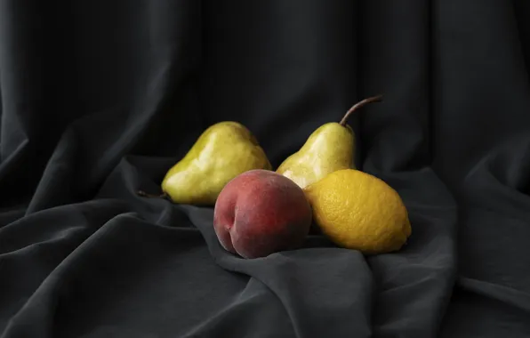 The dark background, lemon, fabric, fruit, still life, grey background, pear, peach