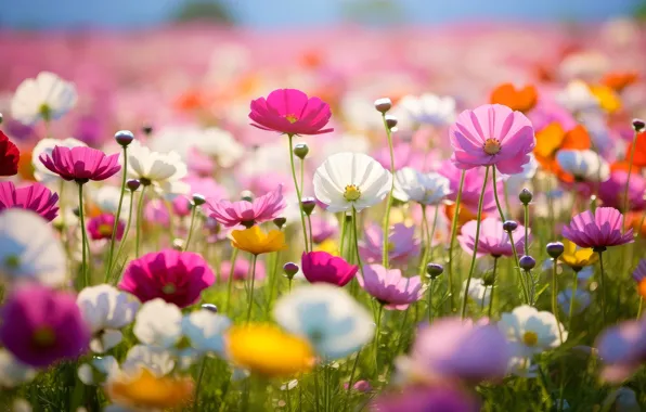 Field, summer, space, flowers, meadow, colorful, cosmos, AI art