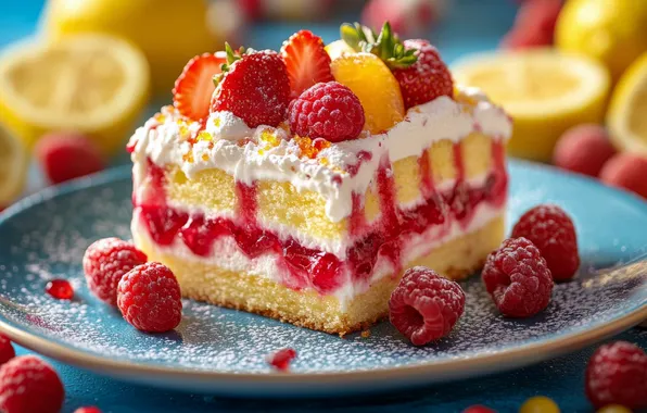Berries, raspberry, oranges, strawberry, plate, cake, cake, cream