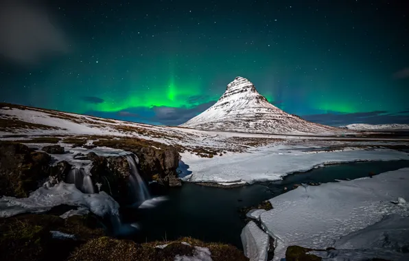 Picture winter, snow, night, rocks, mountain, waterfall, Northern lights, the volcano