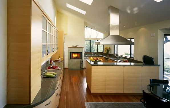 Kitchen, fireplace, cool design