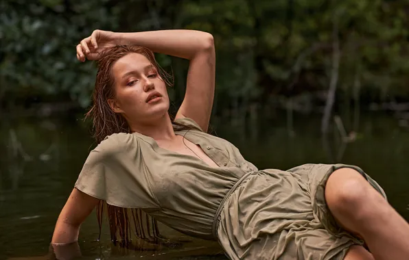 Water, girl, pose, wet, dress, long hair, Mikhail Lazarev, Dasha Gurenkova