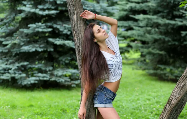 Grass, trees, pose, Park, model, shorts, portrait, makeup