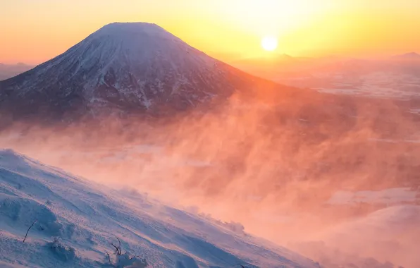 Picture Japan, landscape, nature, mountains, snow, sun, sunrise, mist