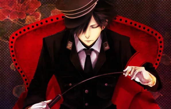 Headband, maniac, military uniform, officer, whip, black clothes, sadist, red chair