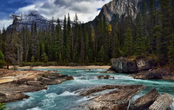 Forest, clouds, mountains, nature, river, stones, waterfall, thresholds