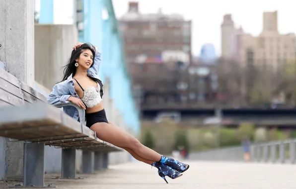 Picture girl, street, bench, Veronica J.