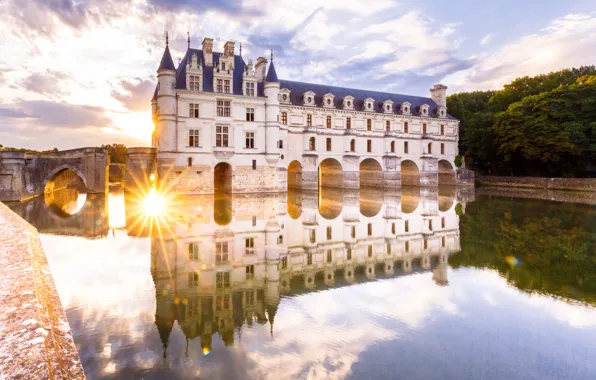 Picture sunset, pond, reflection, castle, France, Chenonceau, ladies castle