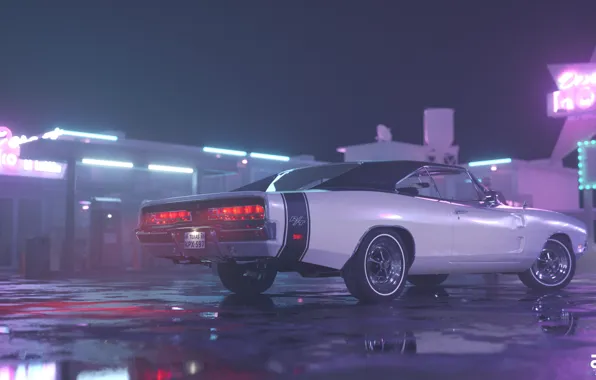 Auto, Night, Machine, Style, 1969, Car, Render, Neon