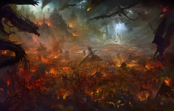 Picture fire, zipper, dragons, fortress, the battle, Art, demons, army