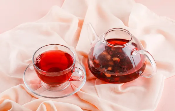 Glass, red, berries, tea, kettle, Cup, fabric, drink