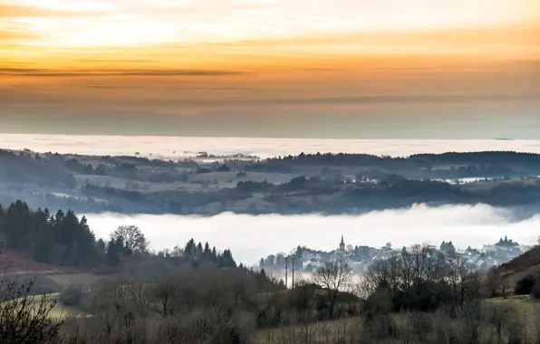 Sunset, fog, dal, France, Auvergne, In-Rigaud