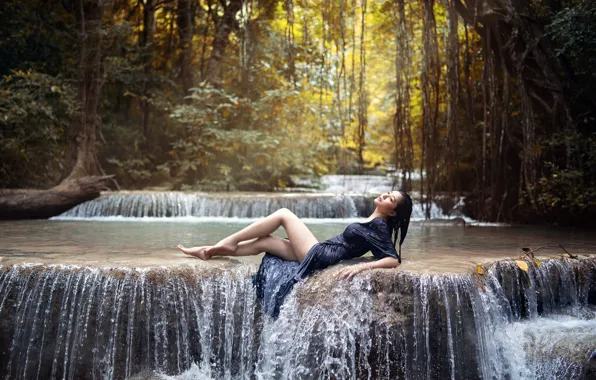 Girl, nature, waterfall, brunette, Asian