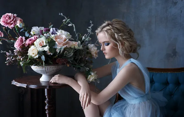 Picture girl, flowers, bouquet, Kate, sitting, Svetlana Boynovich