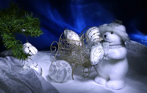 Snow, balls, toys, new year, bear, tree, christmas, new year