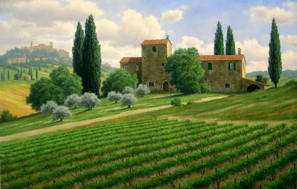Trees, landscape, house, hills, field, picture, Italy, the vineyards