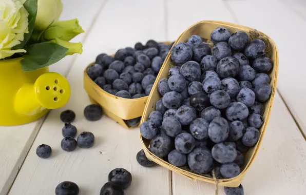 Flowers, blueberries, Berries, Basket, wood