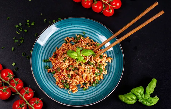 Greens, vegetables, tomatoes, sauce, pasta