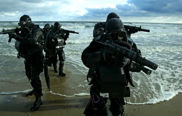 Picture sea, shore, combat, machines, Marine special forces, swimmers