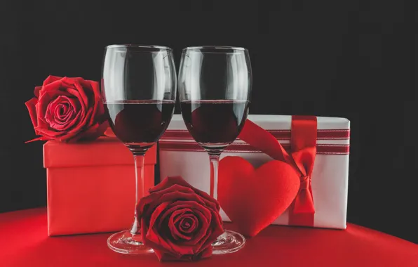 Wine, glasses, red, love, romantic, hearts, valentine's day, gift