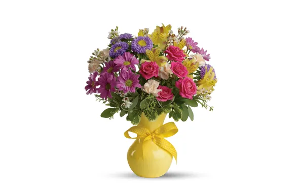 Picture flowers, roses, bouquet, white background, vase, asters, alstremeria