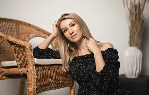 Girl, chair, dress, blonde, neckline, shoulders, Vladimir Vasiliev