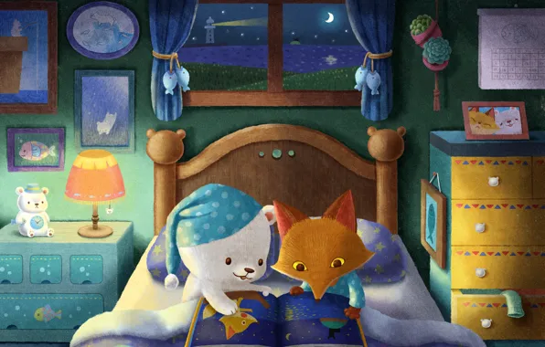 Animals, bed, interior, book, bear, items, Crescent, Fox