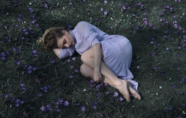 Girl, flowers, pose, barefoot, dress, crocuses, brown hair, barefoot