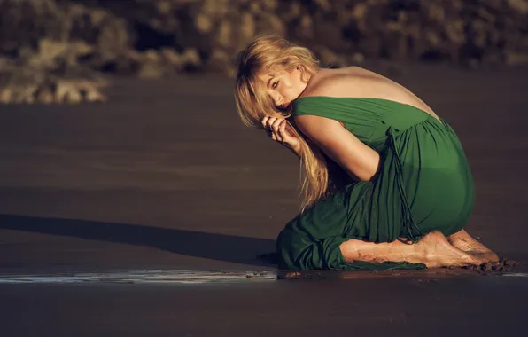 Sand, beach, pose, dress, blonde