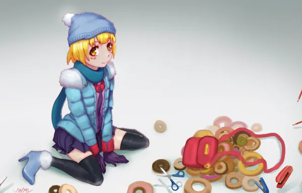 Hat, pencils, girl, donuts, scissors, Bakemonogatari, staplers