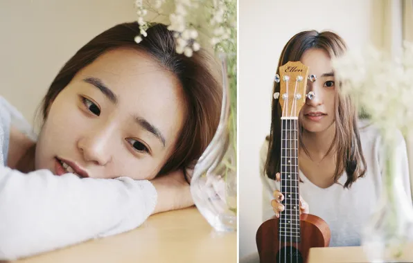 Beautiful, Asian, Model, Smile, Guitar, Table, Woman, Cute