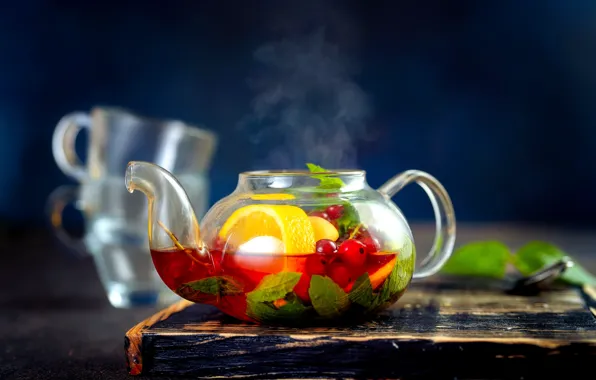 Lemon, tea, kettle, fruit, mint