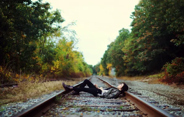 Girl, cigarette, railroad