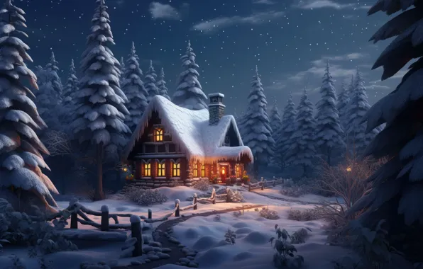 Winter, forest, snow, night, house, Christmas, New year, house