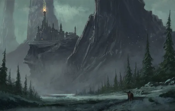 Winter, Mountains, Night, Figure, Rocks, Snow, Forest, Castle