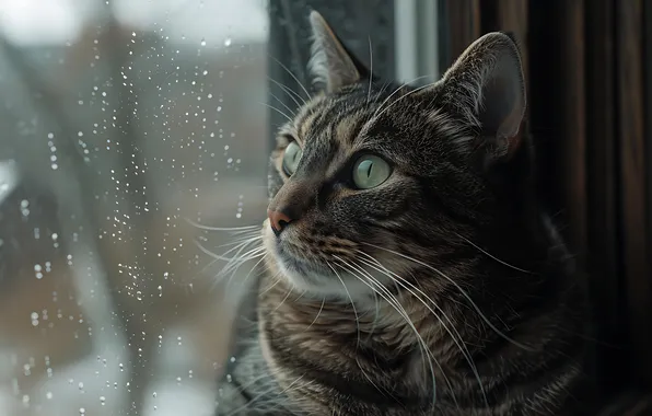 Autumn, cat, cat, look, glass, drops, pose, grey