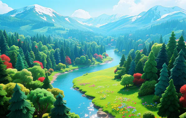 Picture forest, river, landscape, art, mountains