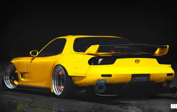 Auto, Yellow, Machine, Mazda, Mazda, Art, Art, RX-7