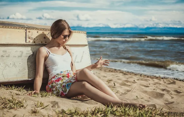 Sand, sea, beach, boat, legs, Russia, Paul Smetanin, girl Masha