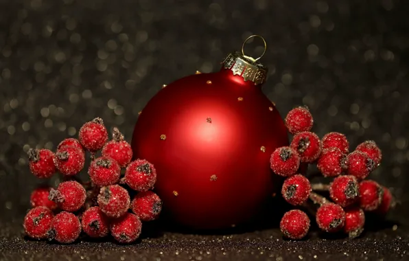 Picture winter, balls, red, berries, the dark background, holiday, balls, new year