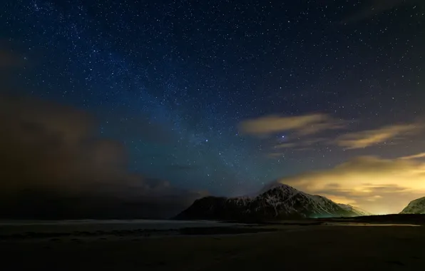 Beach, the sky, stars, clouds, mountains, night, Norway, North