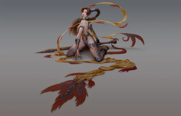 Girl, pose, figure, sword, stockings, feathers, fantasy, art