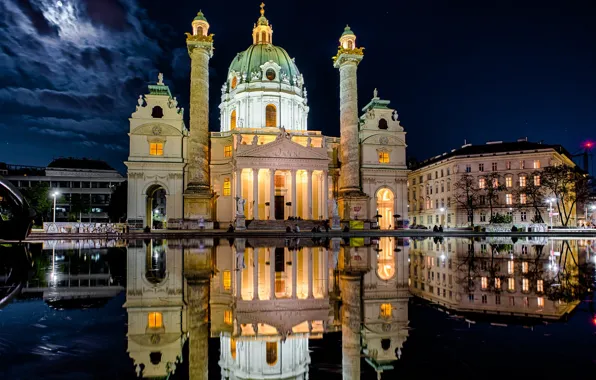 Water, the city, reflection, building, the evening, pool, Austria, lighting
