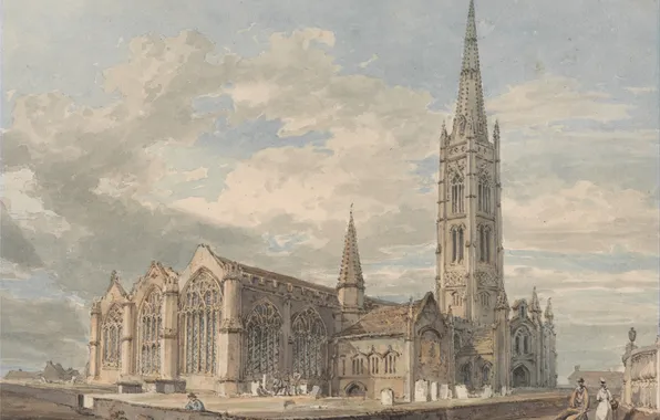 Landscape, tower, picture, watercolor, Church, William Turner, Lincolnshire, North East View of Grantham Church