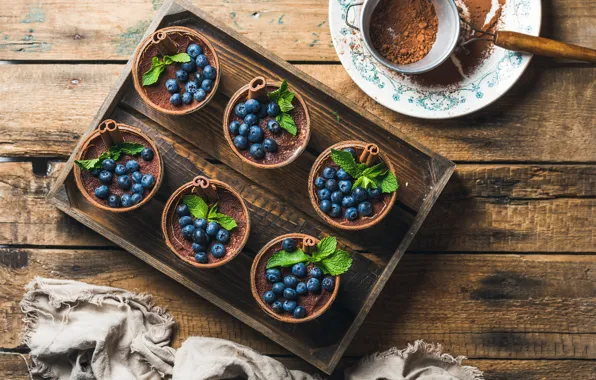 Picture berries, blueberries, mint, dessert, sweet, cocoa, tiramisu, mascarpone