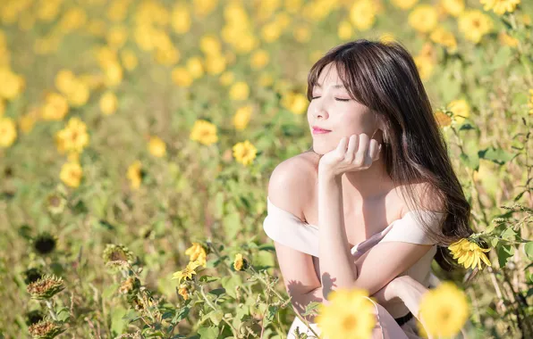 Picture field, girl, flowers, Asian