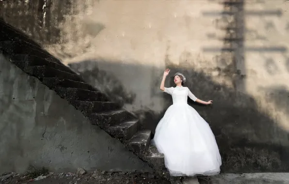 Picture girl, life, wall, ladder, stage, the bride