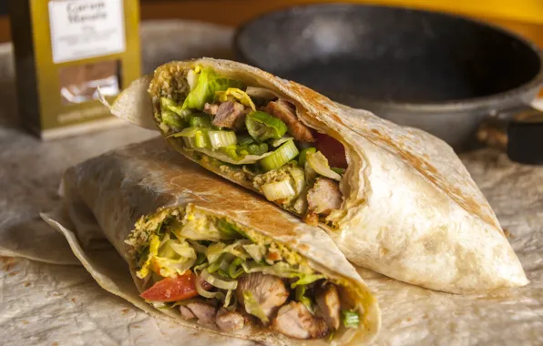 Food, vegetables, pita, fillet, chicken
