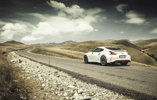 Road, clouds, mountains, Nissan, solar, 370Z, rear